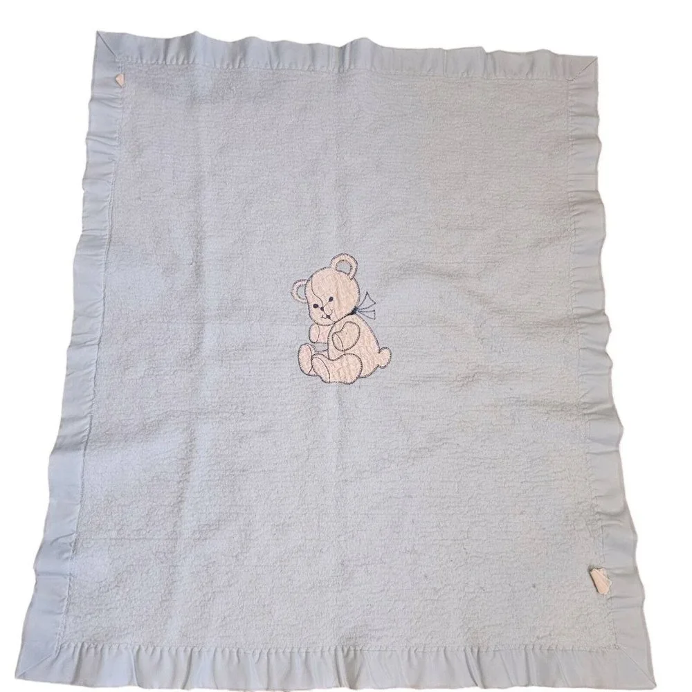 Quiltex Vintage Blue Acrylic Baby Blanket Teddy Bear Satin Trim 36 x 43”‎ ILGWU